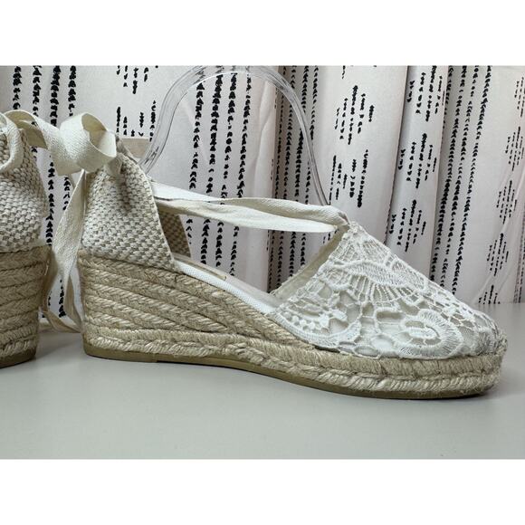 GAIMO Ankle Tie Wedge Espadrilles Sandals EU 40 US 9 Ivory Bridal Made In Spain - Picture 7 of 16